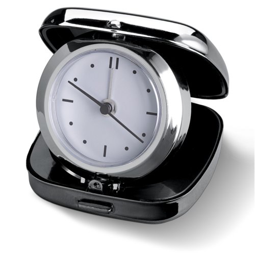Metal travel alarm clock with protective case.