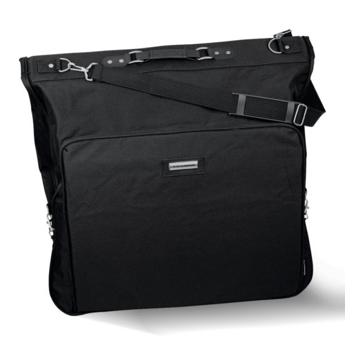 Black garment bag with carrying handle and shoulder strap.
