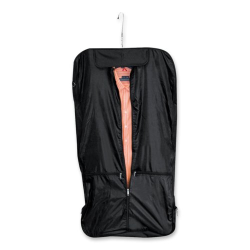 Black garment bag with zipper and carrying handle.