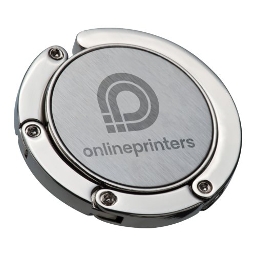 Silver metal handbag holder with non-slip base.
