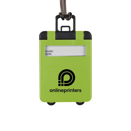 Green plastic luggage tag with loop.