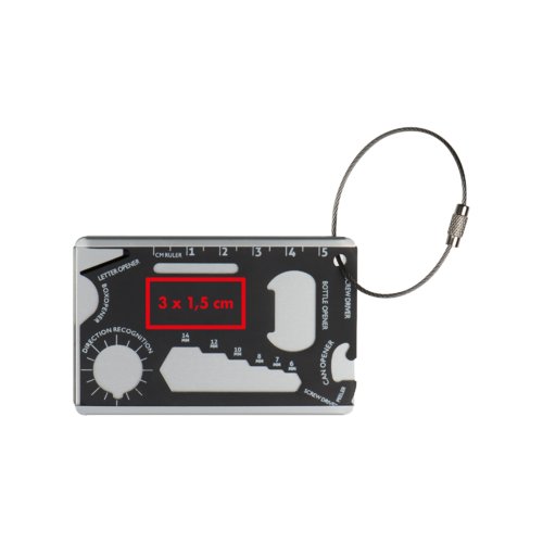 Aluminum luggage tag with tool functions and wire rope.