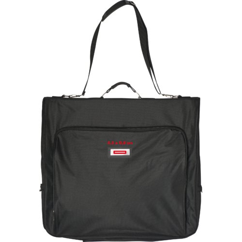 Black fabric garment bag with handle and shoulder strap.