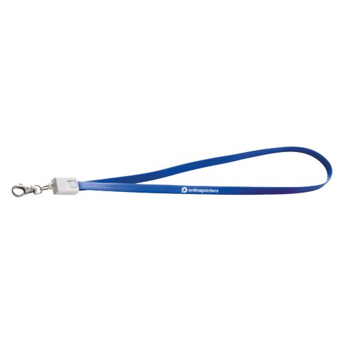 Blue polyester lanyard with universal charging cable and carabiner hook.