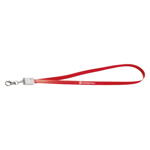 Red polyester lanyard with carabiner clip and integrated universal charging cable.