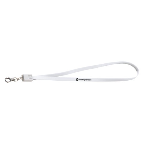 White polyester lanyard with carabiner clip and universal charging cable.