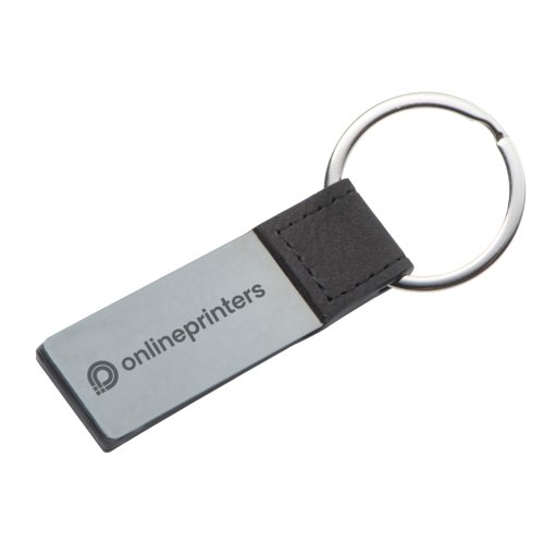 Gray leather keychain with metal ring.