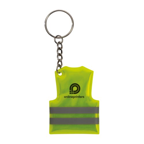 Yellow plastic keychain in safety vest design with metal ring.