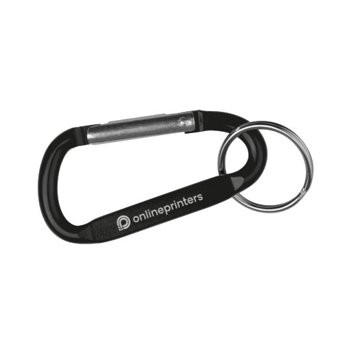Black carabiner keychain with metal ring.