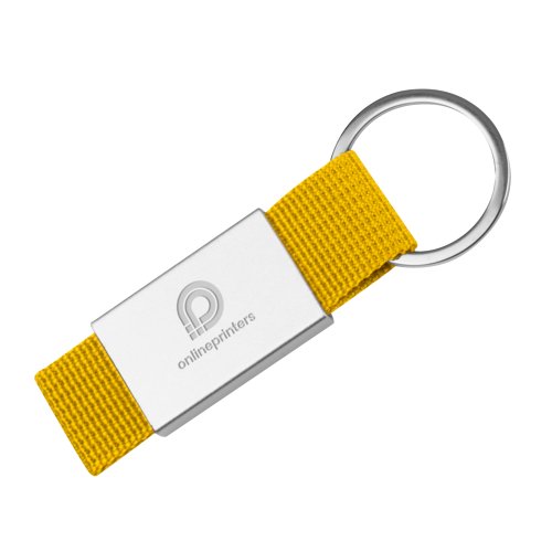 Yellow textile keychain with metal ring.
