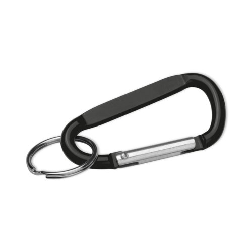 Black metal keychain with carabiner and ring.