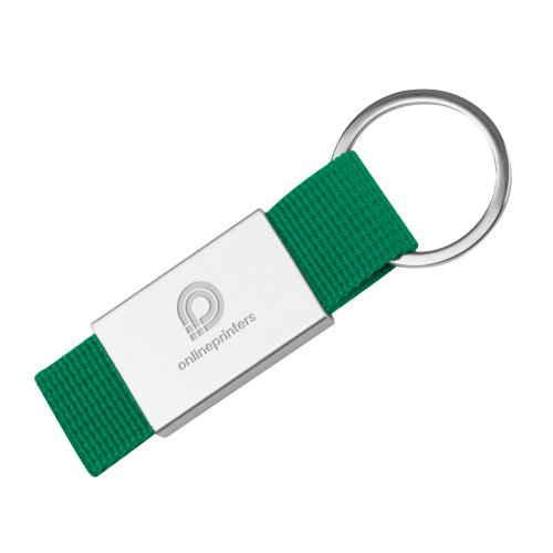 Green fabric keychain with metal ring.