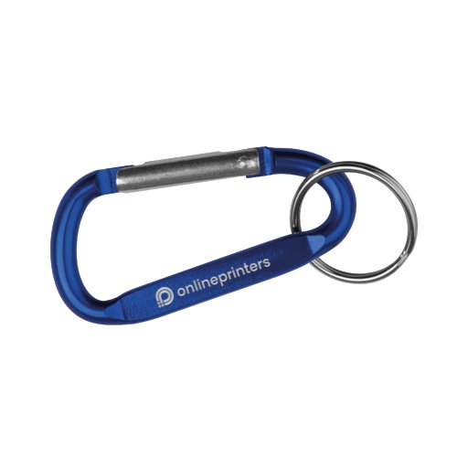 Blue metal keychain with carabiner clasp.