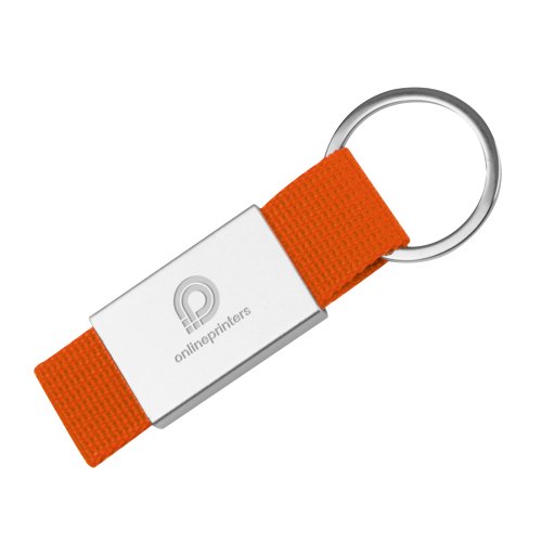Orange fabric keychain with metal ring.