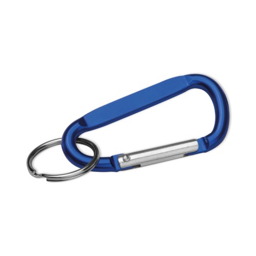 Blue metal keychain with carabiner and ring.