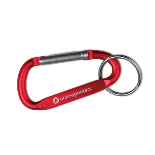 Red metal carabiner keychain with ring.