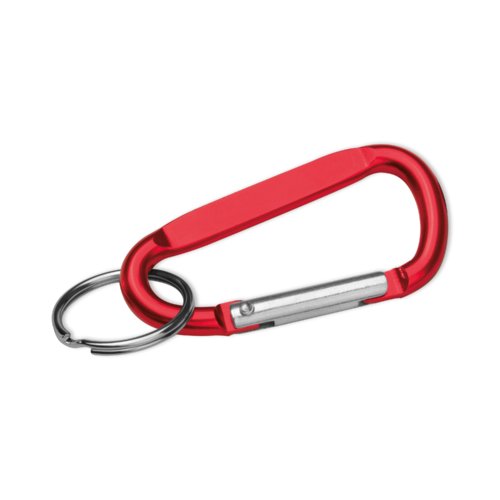 Red metal keychain with carabiner.