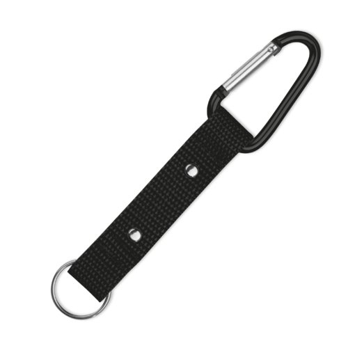Black fabric keychain with carabiner clip and metal ring.