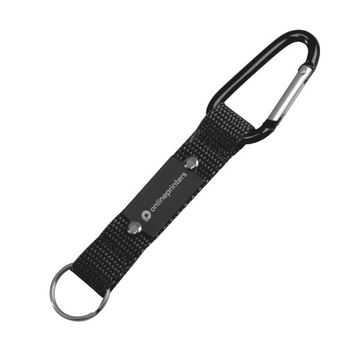 Black fabric keychain with carabiner and key ring.