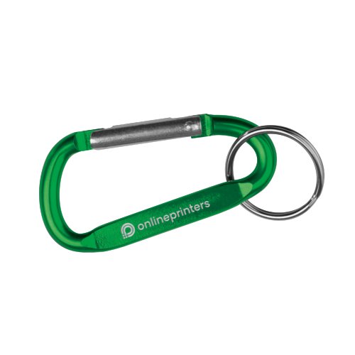 Green metal carabiner keychain with ring.