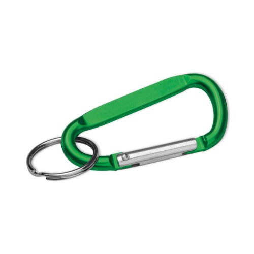 Green metal keychain with carabiner and ring.