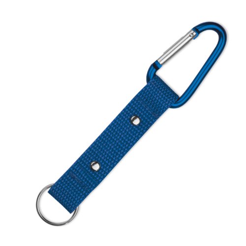 Blue fabric keychain with carabiner and metal ring.