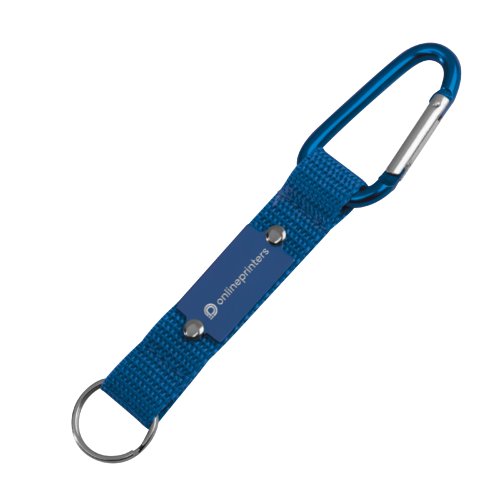 Blue textile keychain with carabiner hook and keyring.