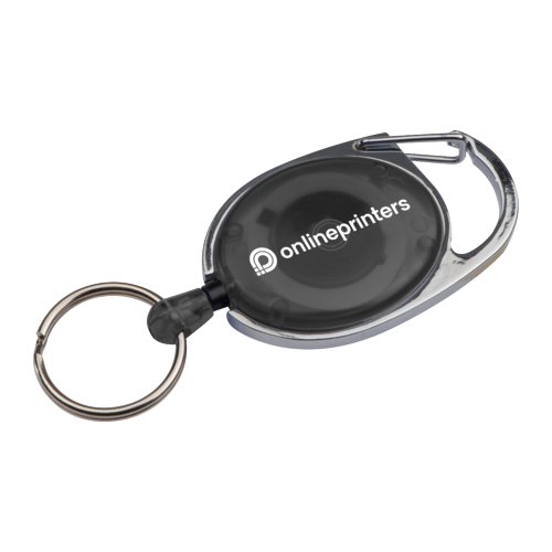 Black keychain with clip, retractable cord, and key ring.