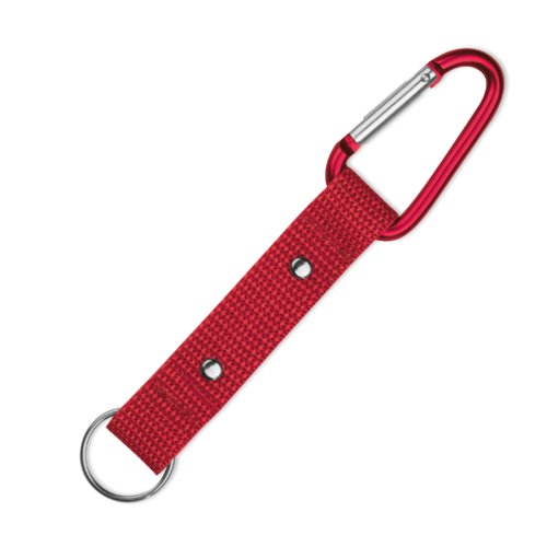 Red textile keychain with carabiner and metal ring.