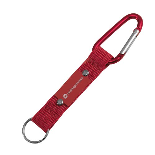 Red fabric keychain with carabiner hook and metal ring.