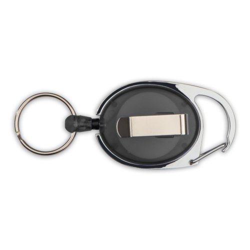 Black carabiner with ring and clip.