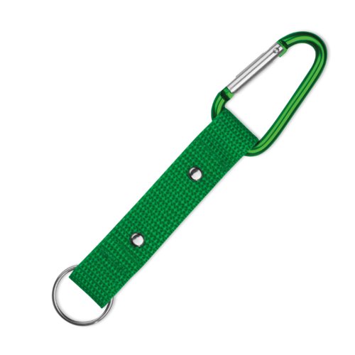 Green keychain with carabiner hook and metal ring.