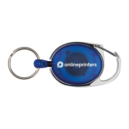 Blue plastic keychain with carabiner and ring.