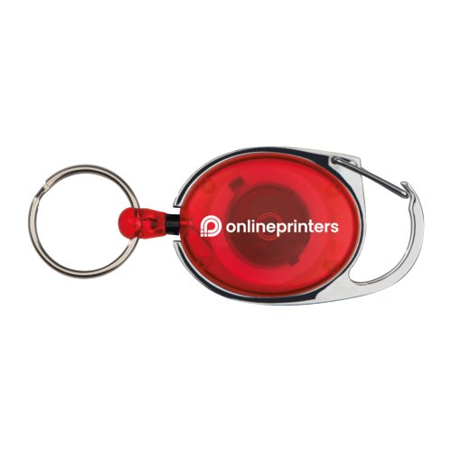 Red carabiner with ring and clip attachment.