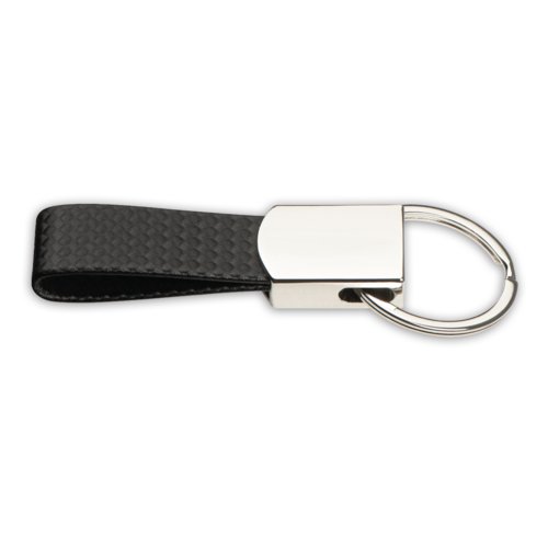 Black faux leather keychain with metal ring.