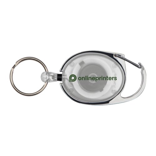 White carabiner with ring and clip for variable attachment.