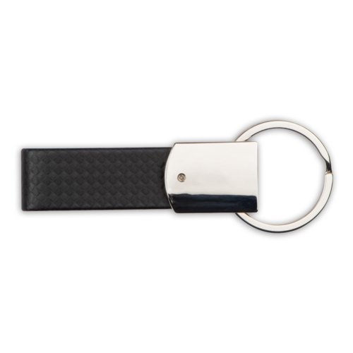 Black imitation leather keychain with metal ring.