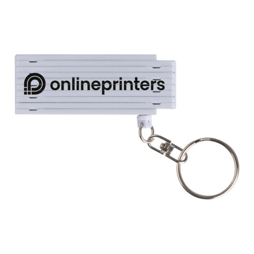 White keychain with retractable band and metal ring.