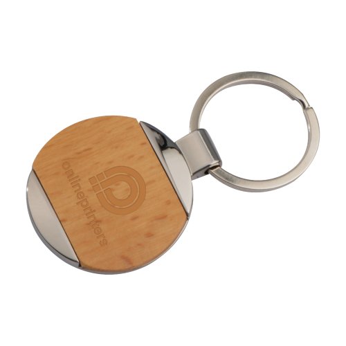 Wooden and metal keychain with metal ring.
