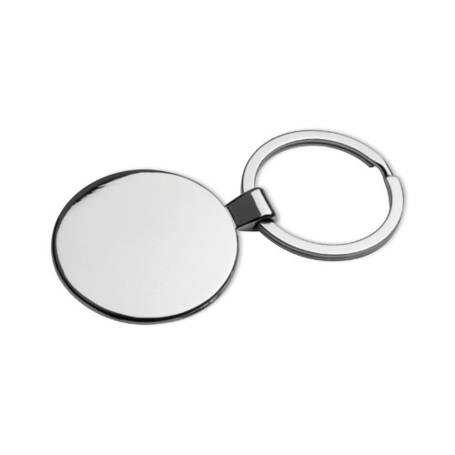 Gray metal keychain with pattern and key ring.