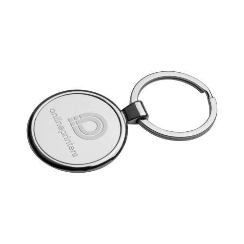 Metal keychain with round pendant and metal ring.