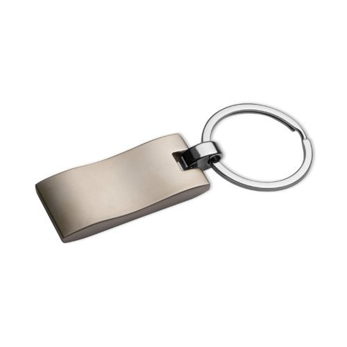 Gray metal keychain with pattern and metal ring.