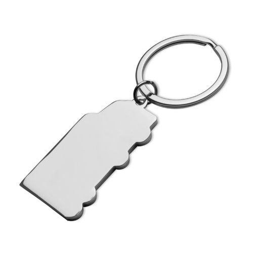 Gray metal keychain with pattern and keyring.
