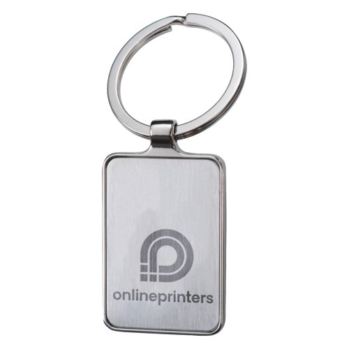 Metal keychain with rectangular shape and metal ring.