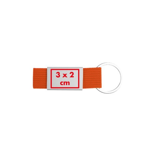 Orange fabric keychain with metal ring.