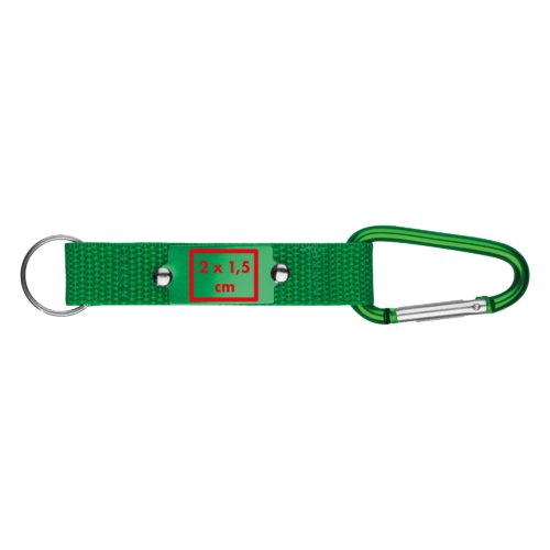 Green textile keychain with carabiner and metal ring.