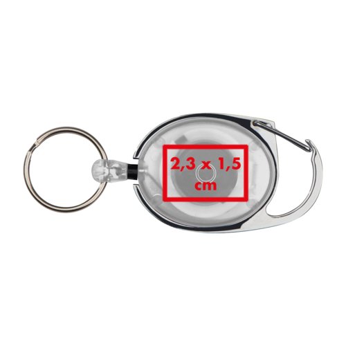 Clear plastic keychain with clip and retractable band.