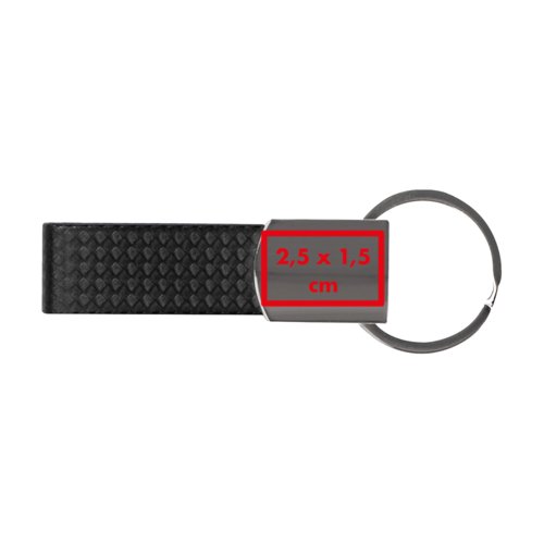 Black imitation leather keychain with metal ring.