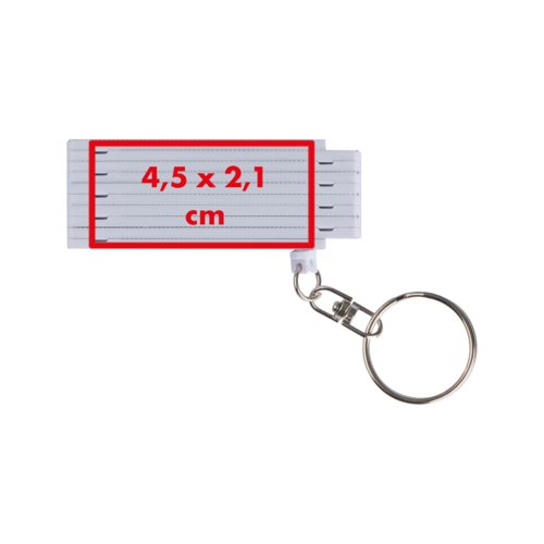 White plastic keychain with half a meter tape measure and metal ring.