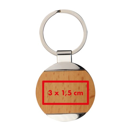 Wood and metal key chain with oblong shape and metal ring.